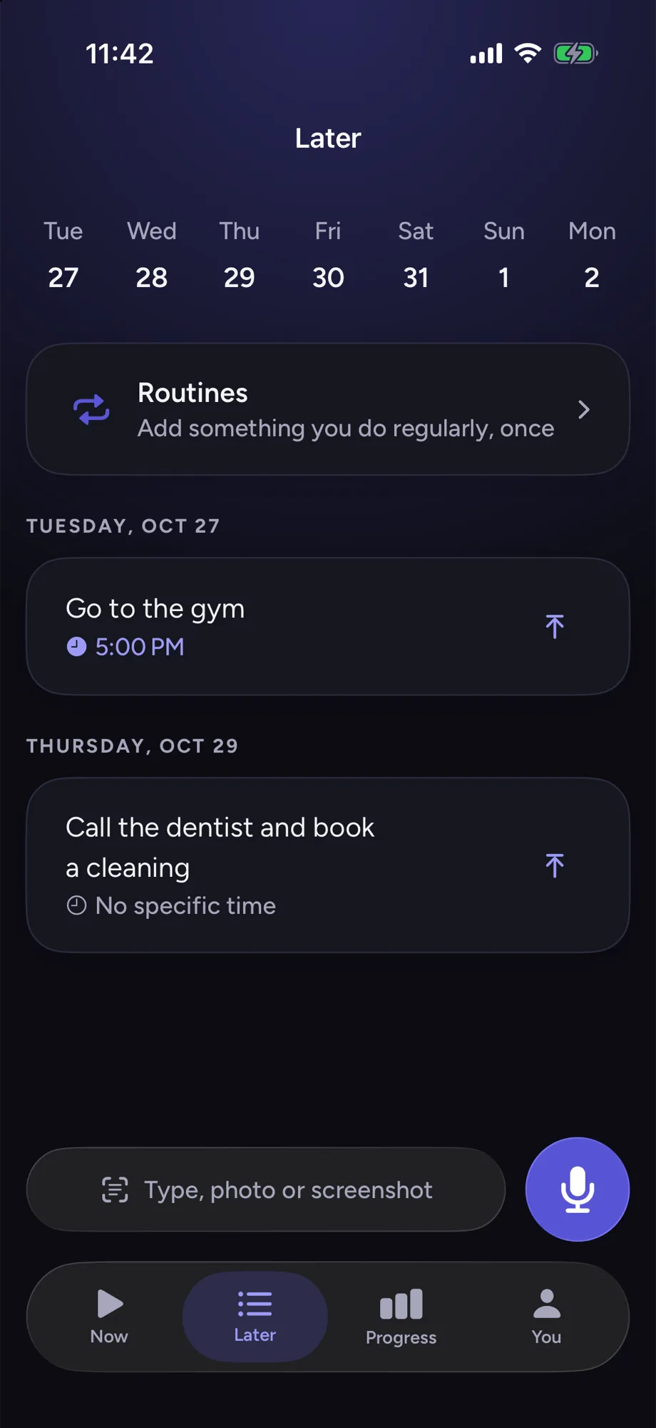 Nokoto's Later screen: a week of days with Go to the gym on Tuesday and a dentist call on Thursday.