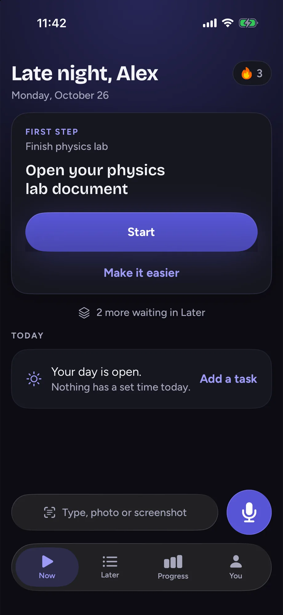 Nokoto's Now screen showing one task, Finish physics lab, with its first step and a Start button.
